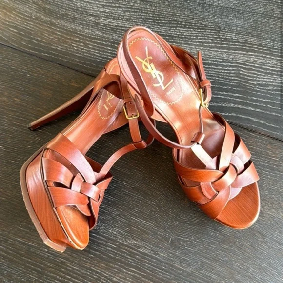 Saint Laurent Brown Leather Knotted High Heel Sandals - Picture 1 of 6